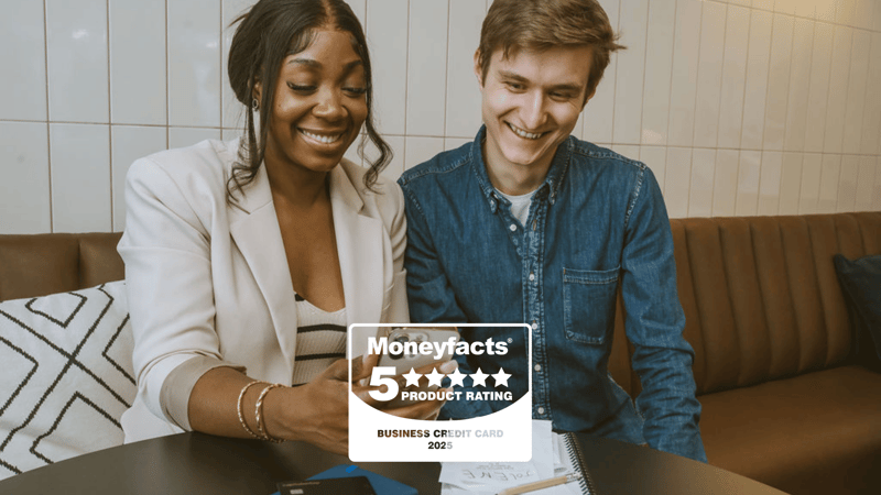 Two People Doig Accounting Overlaid With The Moneyfacts 5 Star Logo