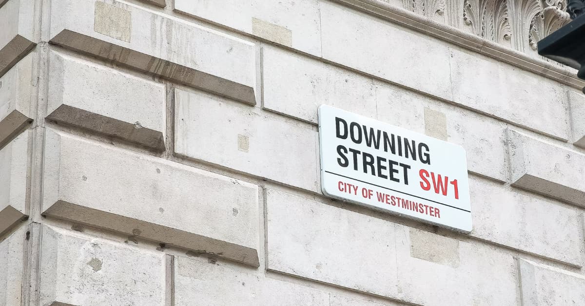 A Street Sign Showing Downing Street SW1 On A Street Corner