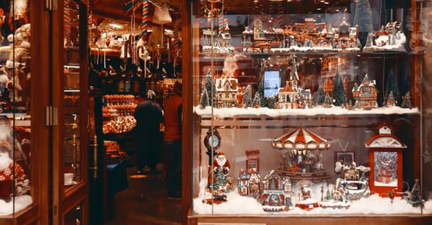 A Small Shop Front Fully Decorated For Christmas