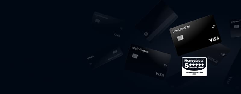 Capital on Tap Business Credit Cards on Dark Background with Moneyfacts 5-Star Product Rating