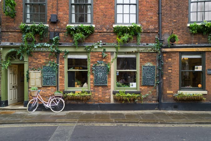 Ivy Covered Brick Pub Frontage With Hanging Plants And Chalkboard Signage, With A Bicycle Parked Outside On A UK High Street