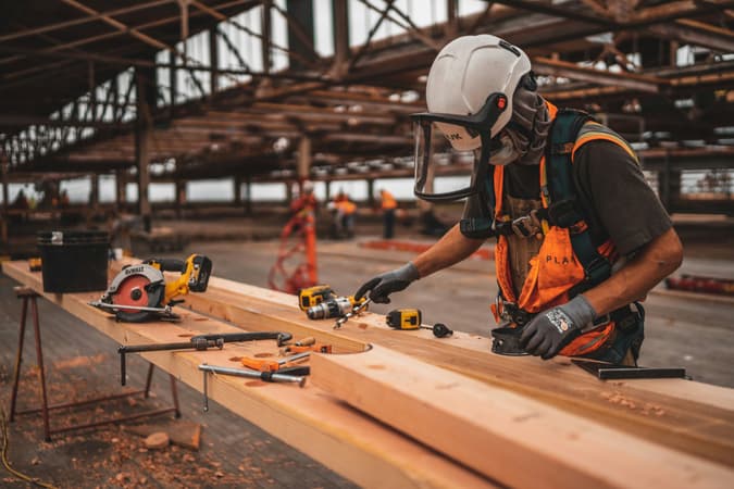 Construction Worker In A Helmet And Visor Drilling Into A Large Timber Beam At A Warehouse Building Site, Surrounded By Power Tools