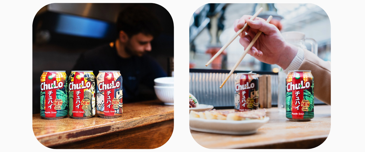 Left: Chu Lo cans on a restaurant Right: Chu Lo cans on a table with people eating gyoza