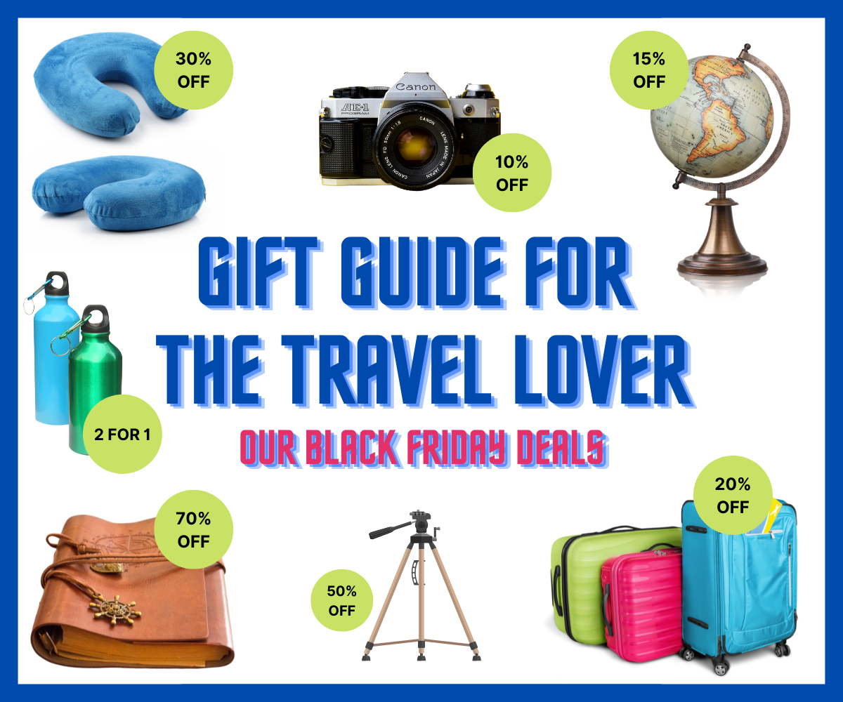 A gift guide for travel lovers. The flyer shows different gift ideas, including a camera, globe, suitcase, tripod, diary,  hydroflask and travel cushion. It advertises their % discount during black friday too.