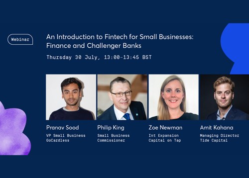 An advert of the 4 panellists at the 'Introduction to Fintech for Small Businesses: Finance and Challenger Banks'. From left to right the panellists are Pranav Sood, Philip King, Zoe Newman, and Amit Kahana. The poster includes a headshot of each of these individuals
