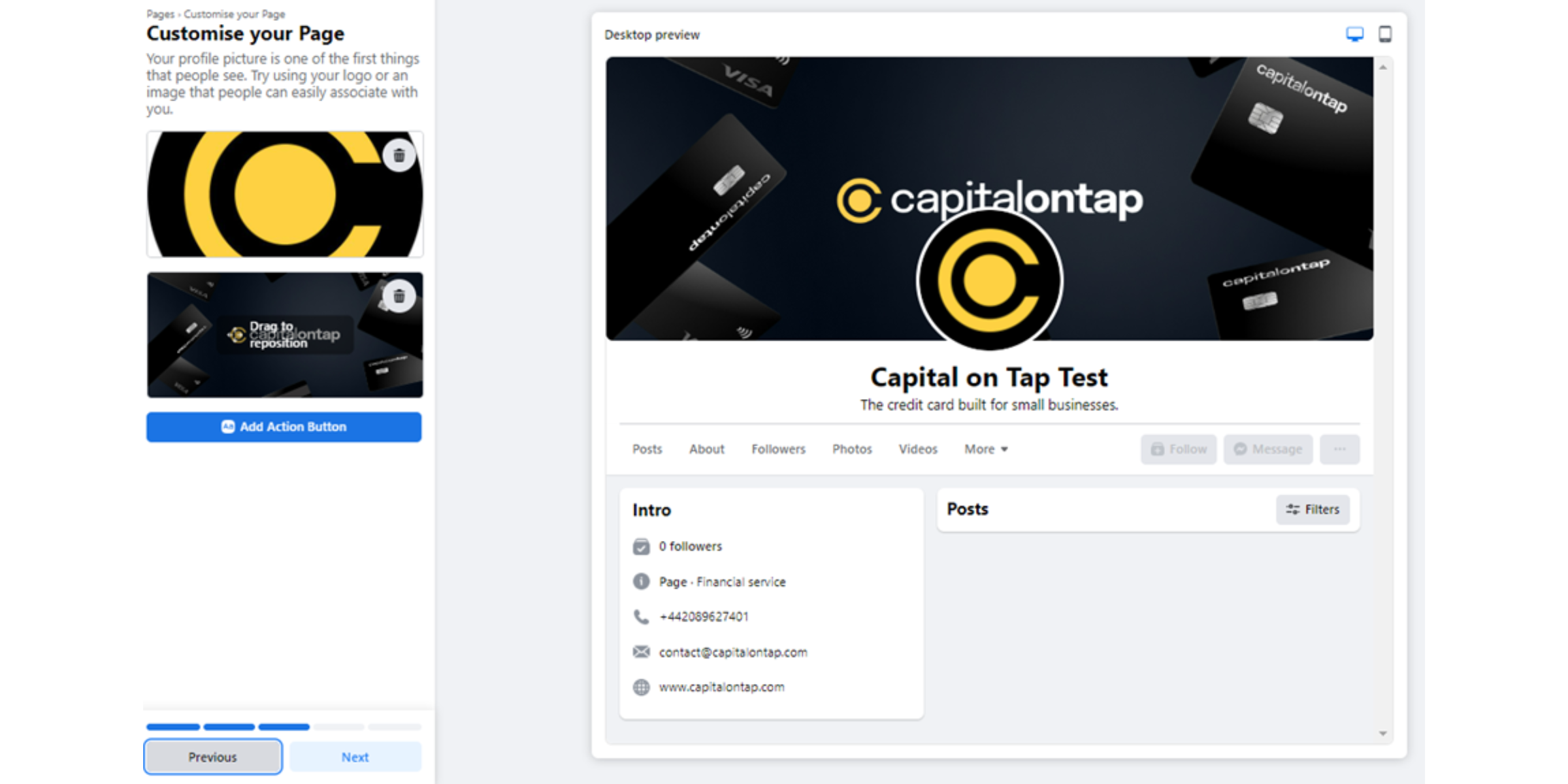 The image shows a screenshot of the customise your page bar on Facebook using the Capital on Tap test page