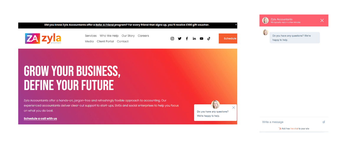 A screenshot of Zyla accountants' webpage and its automated chatbot that uses AI