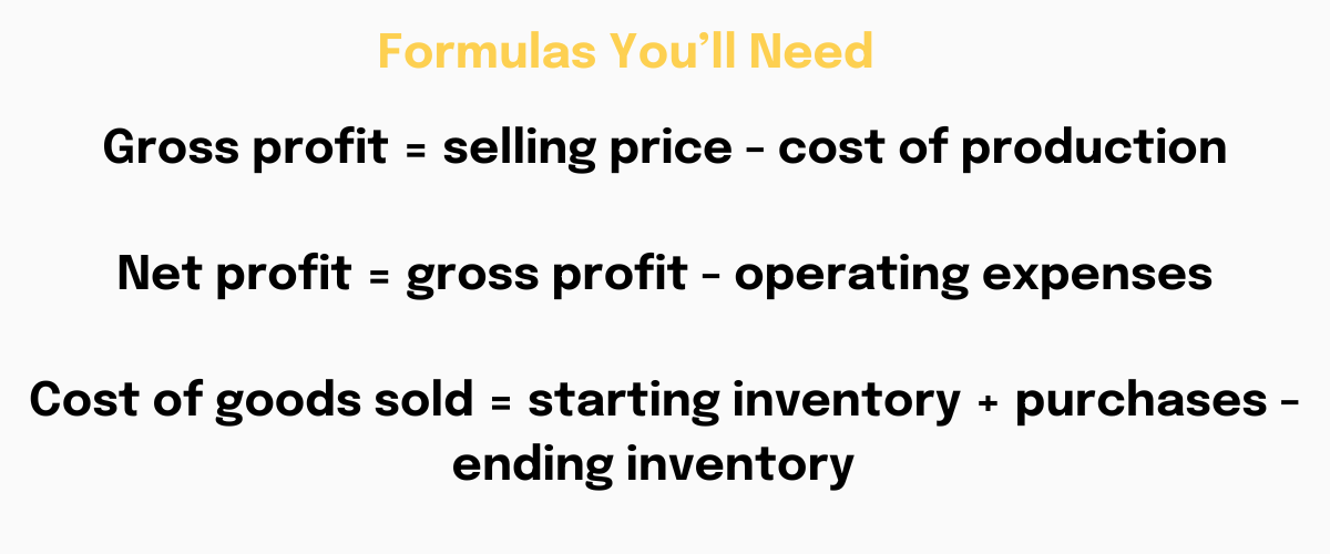 Graphic showing a list of formulas required to calculate gross and net profit