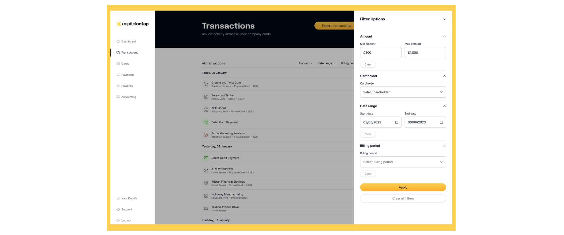A screenshot of the filter options now available in the transactions page in Capital on Tap's online portal