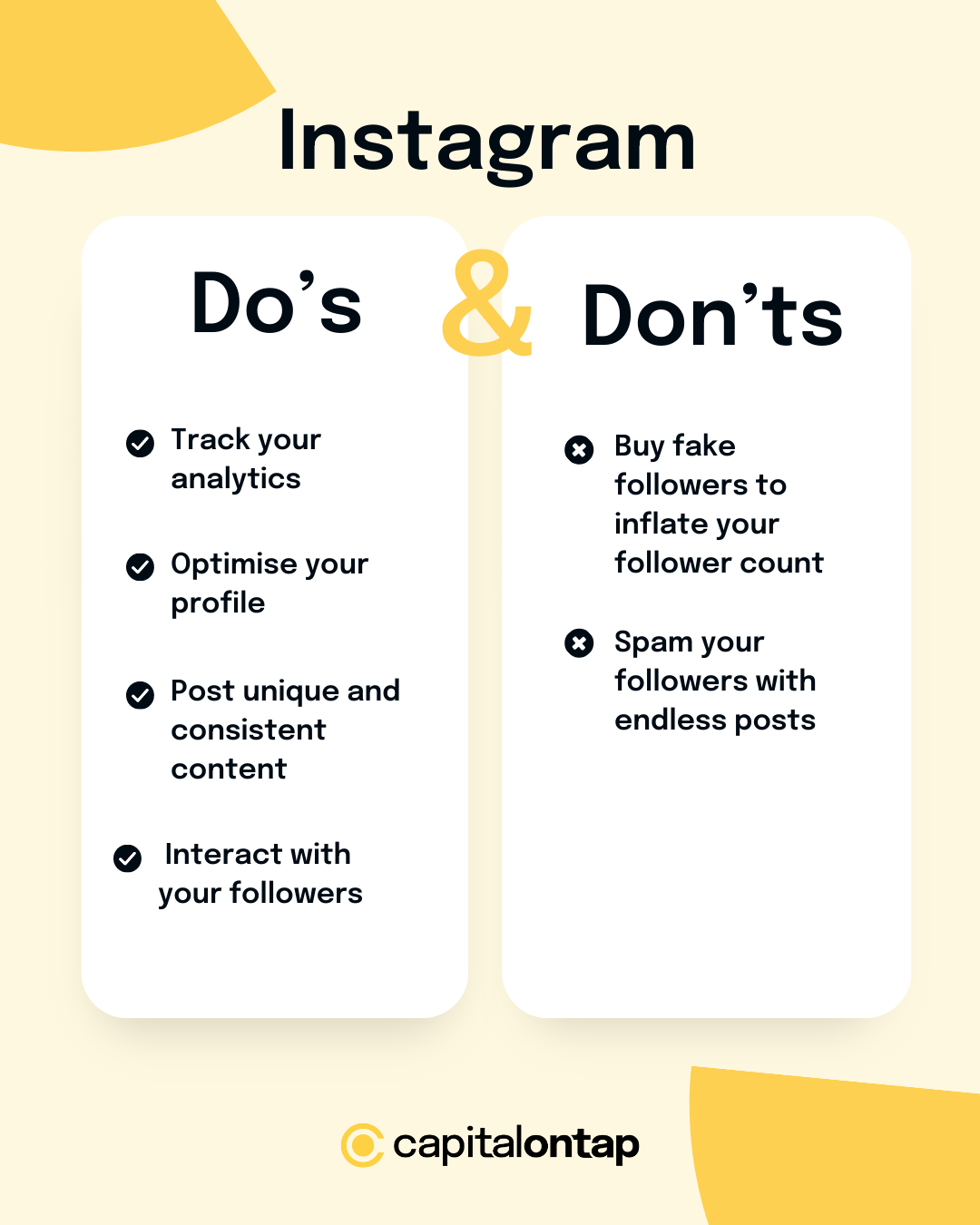 Two columns showing Instagram do's and don'ts. Do's read: Track your analytics, optimise your profile, post unique and consistent content; interact with your followers. Don'ts read: Buy fake followers to inflate your follower count; spam your followers with endless posts.