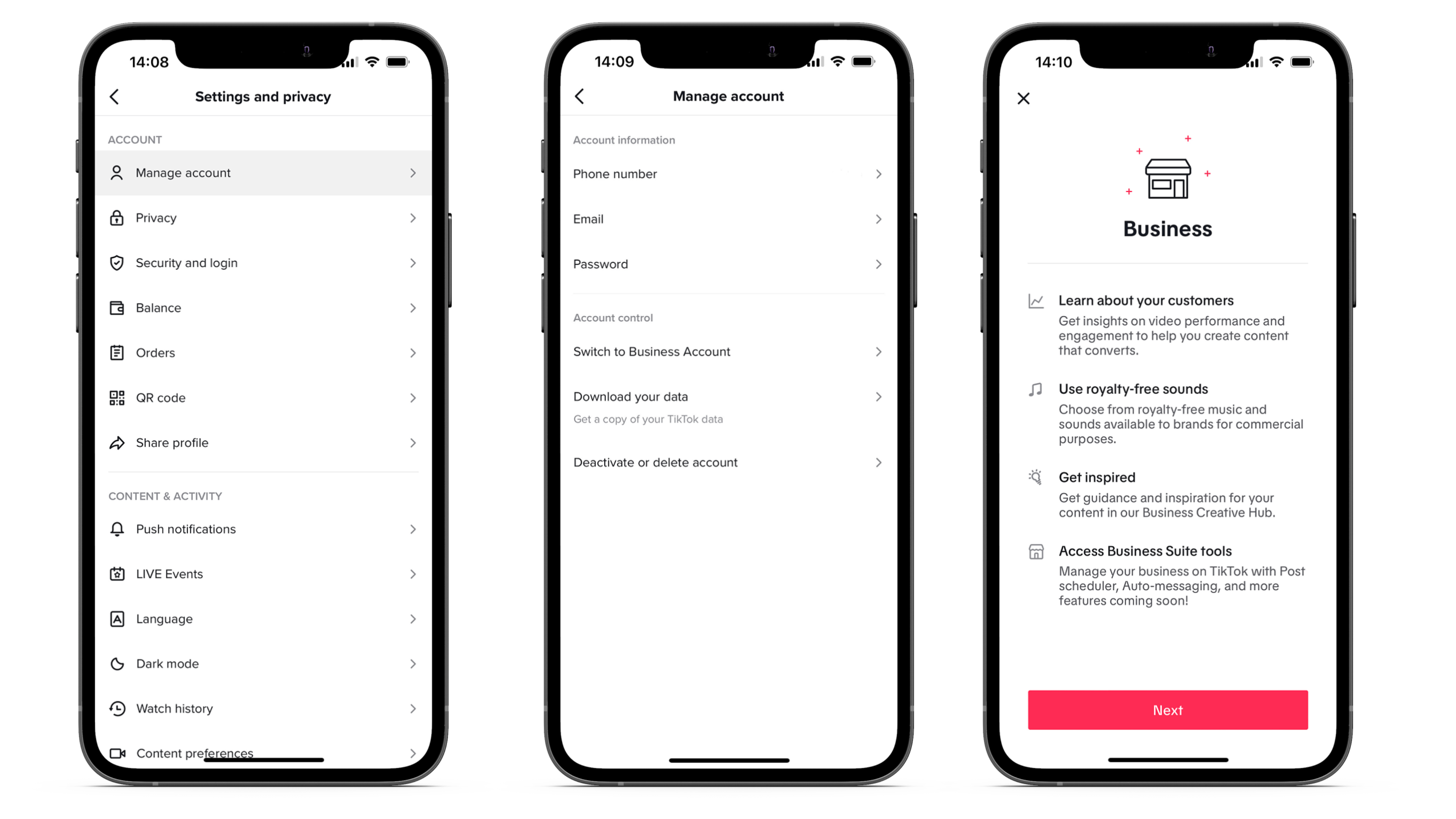 3 iphones. The first shows the settings and privacy screen on Tik Tok. The second shows the 'manage account' screen. The final screen shows the 'switch to business account' screen.