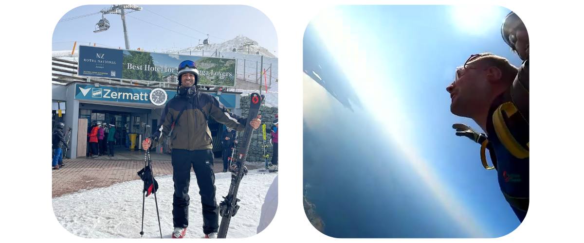 Left: Neel at the bottom of a ski lift. Right: Jack in the middle of a sky dive