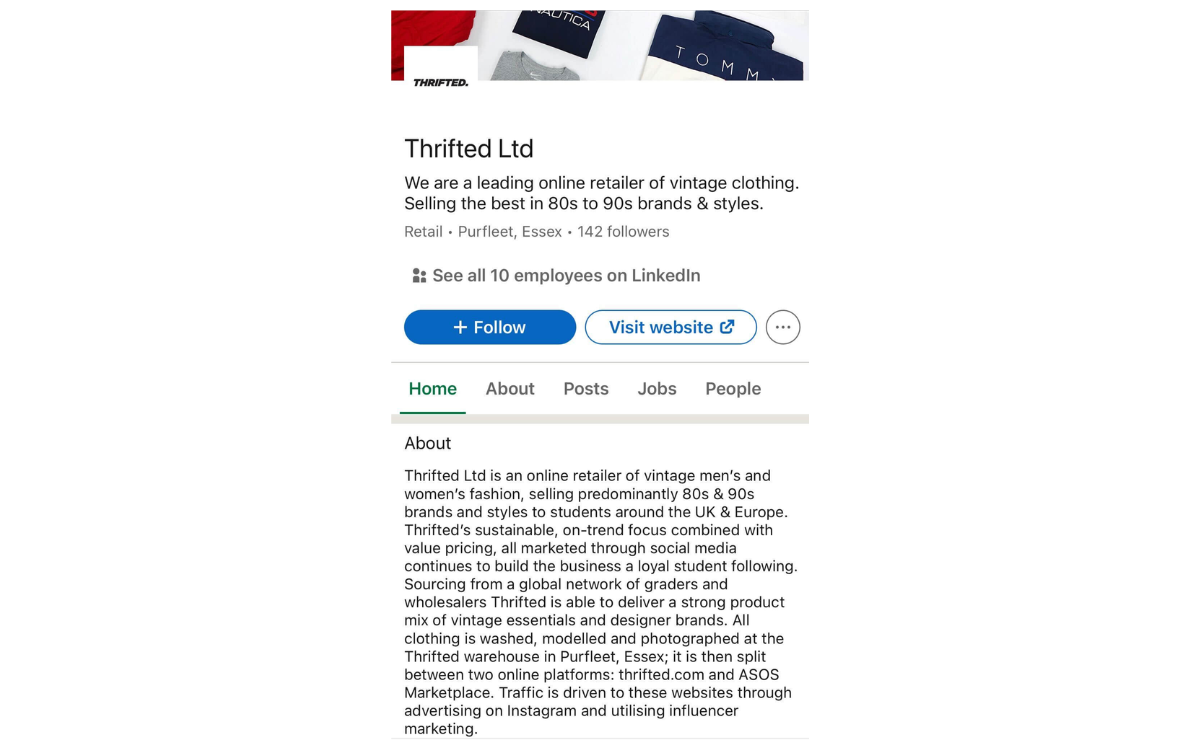 Thrifted's Linkedin profile, including their about page