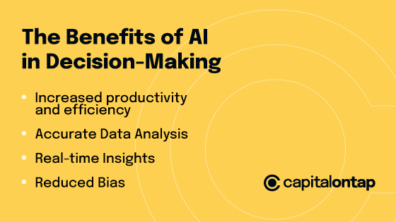 The benefits of AI in decision making: Increased productivity and efficiency, accurate data analysis, real-time insights, reduced bias
