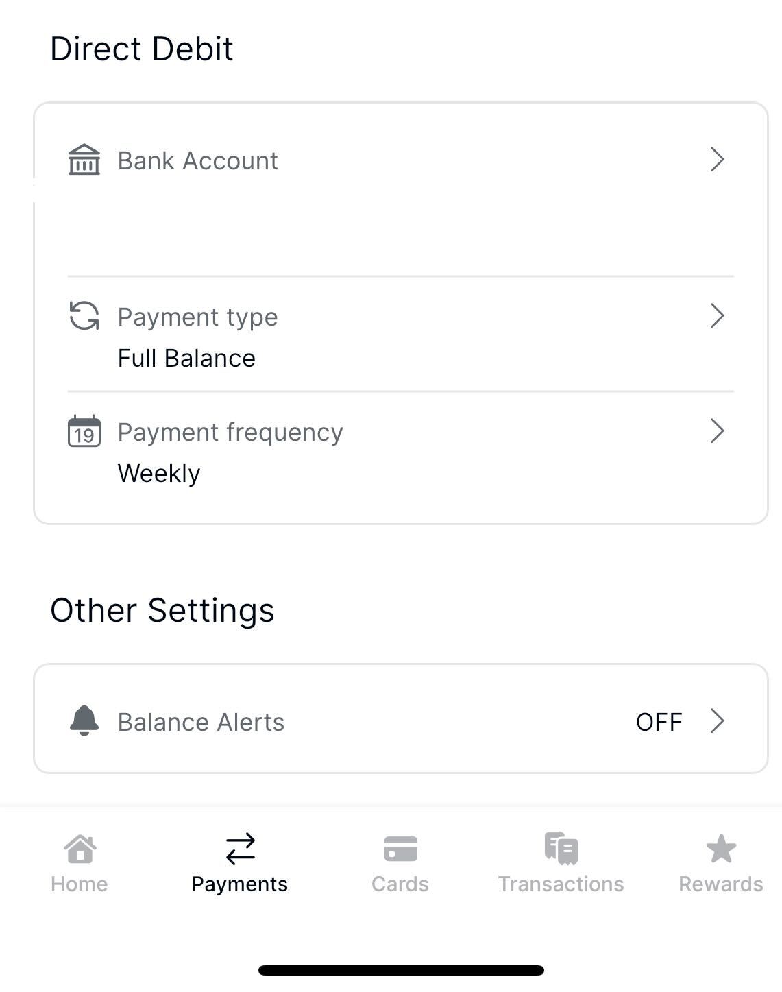 A screenshot of the direct debit section on the 'Payments' tab of the Capital on Tap app