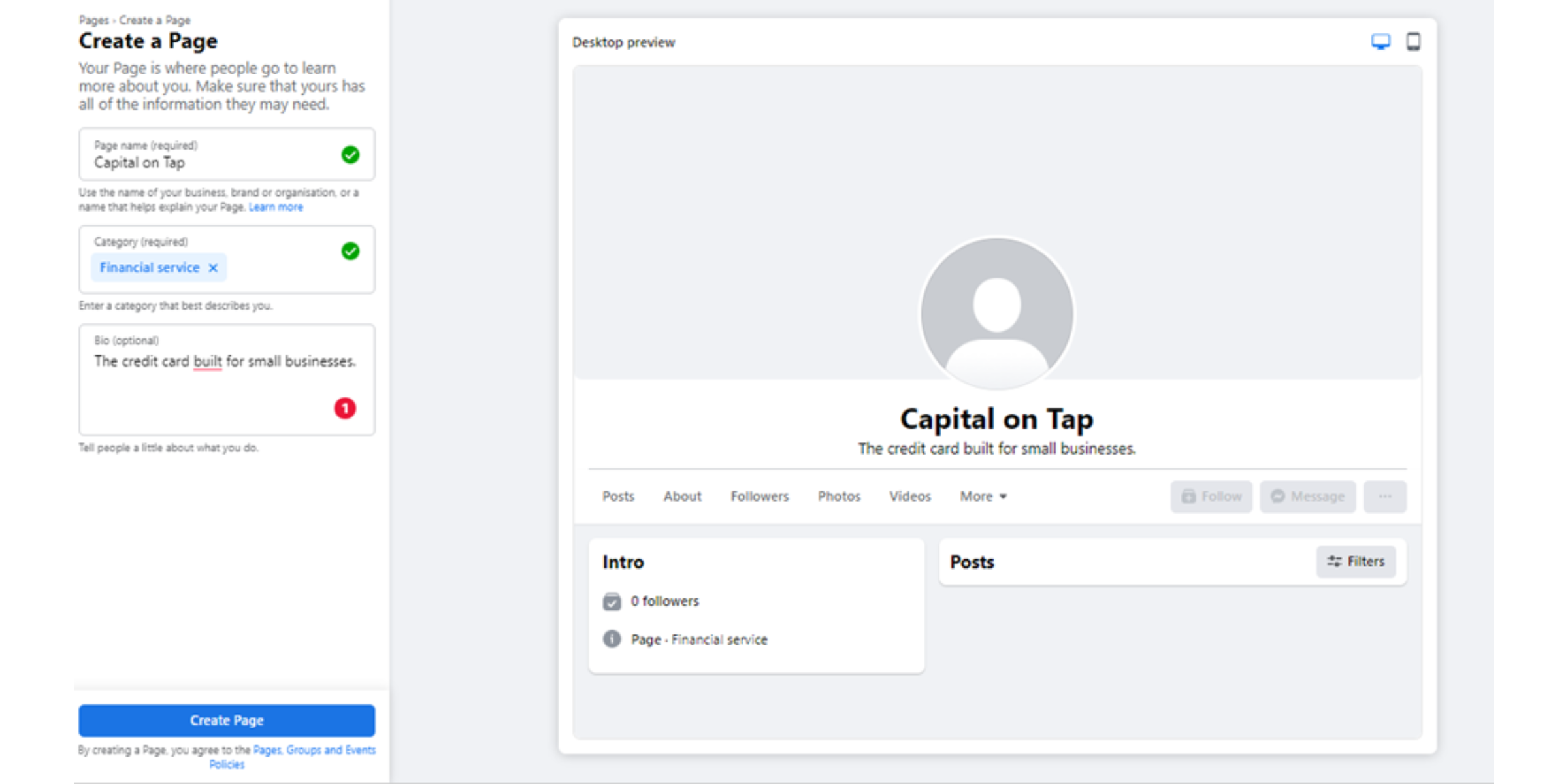 Screenshot of the 'Create a Page' page on Facebook. It shows a Capital on Tap page being created