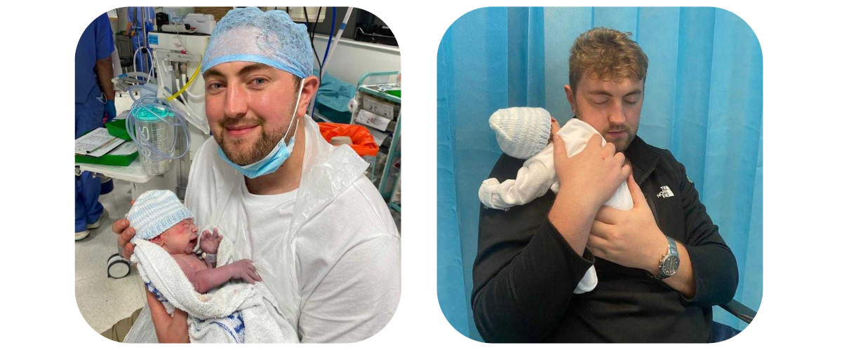 Two images of Jerome and Seb. On the left, is Jerome holding Seb after he's just been born. The one on the right is Seb in a babygrow asleep on Jerome's shoulder - Jerome is also asleep