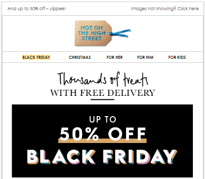 Email from Not on the High Street displaying a Black Friday sale on their website.