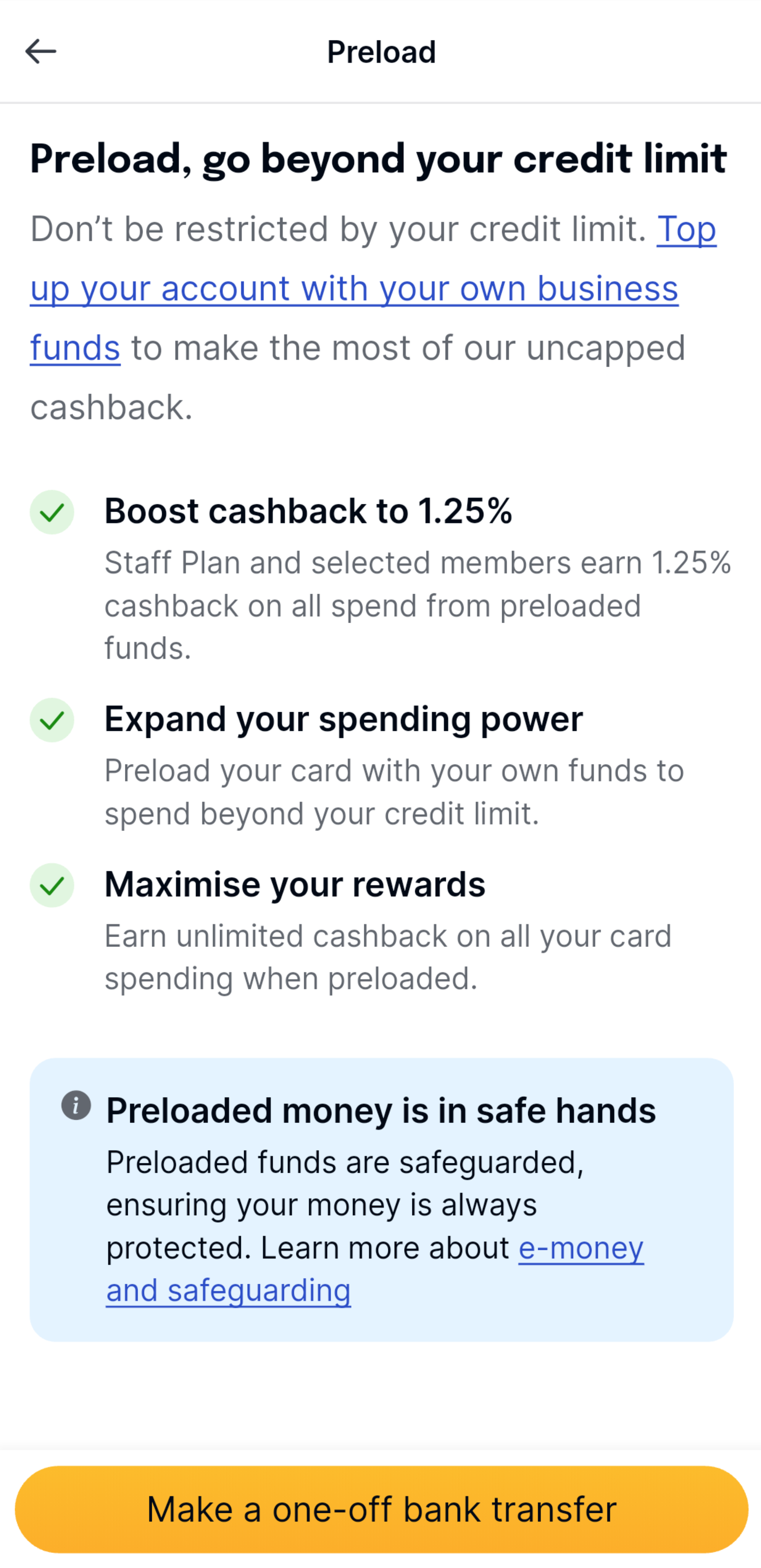 The Preloading tab in the Capital on Tap mobile app. It outlines the benefits of Preloading, such as expanding your spending power and maximising rewards. There's a big yellow button that says 'Make a one-off bank transfer'.