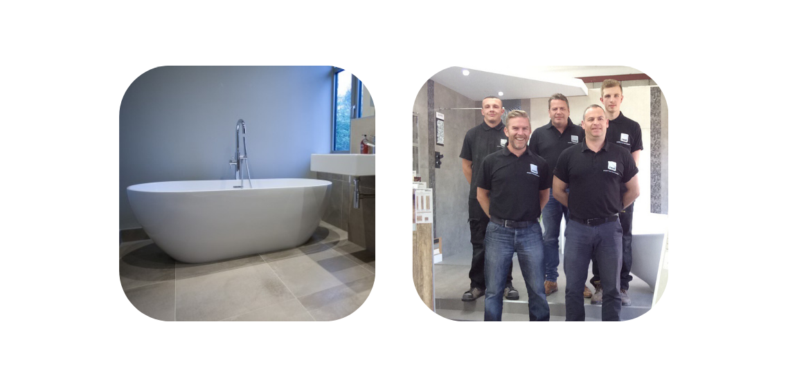 On the left an image of a bathroom tiled with Real Stone and Tile products; on the right the Real Stone and Tile team