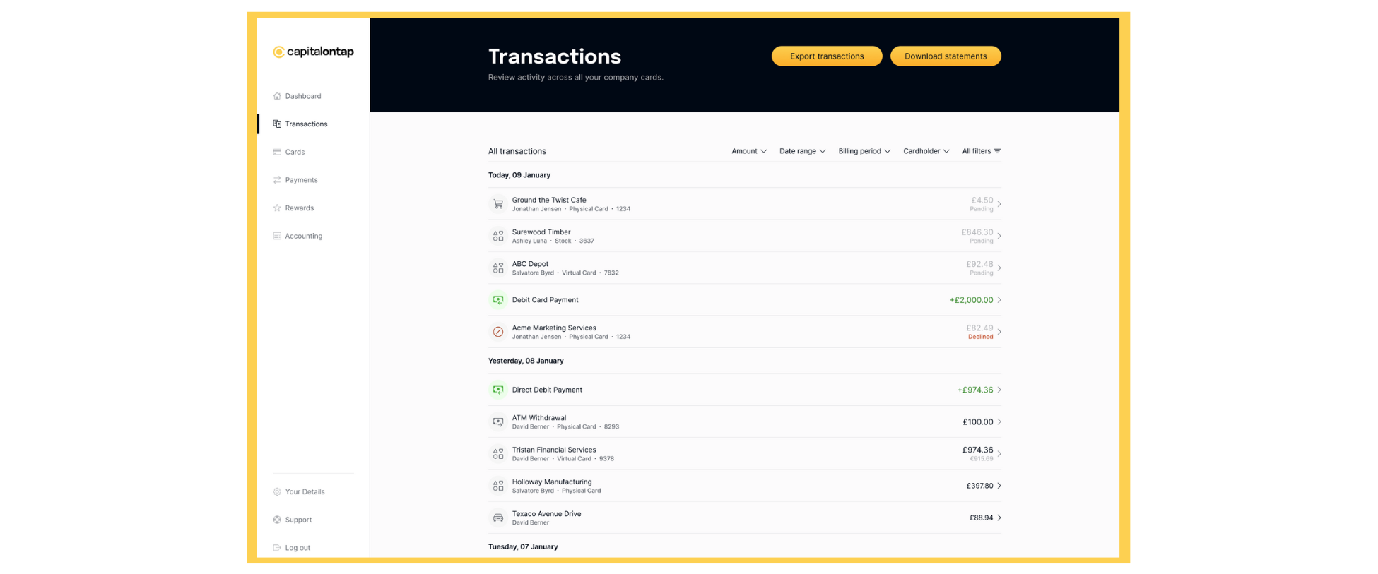 A screenshot of the new transaction view on Capital on Tap's transaction page in the online portal