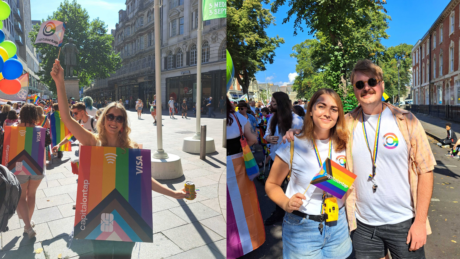 A collage of Capital on Tap employees at Pride. Beca waves a Pride flag and is wearing a rainbow capital on Tap card. Will and Rachel are wearing t shirts with the Capital on Tap logo in pride colours, and rachel is holding a pride flag