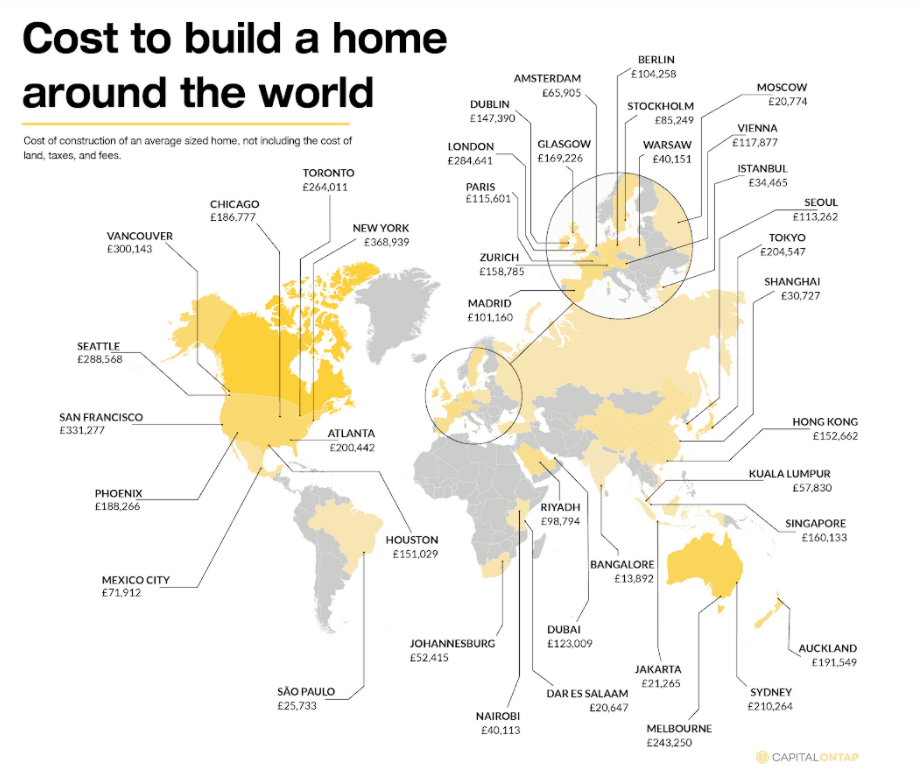 A map of the world in grey and yellow. It shows the cost of building a house in the major world cities