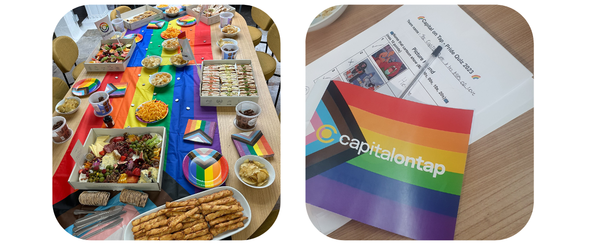Left: Table with food and pride flags Right: Pride quiz with a pride flag lay over it