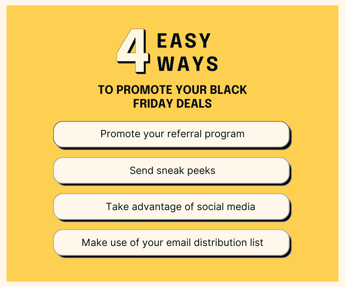 A graphic of 4 easy ways to promote your business' black friday deals. The 4 ways are; promote your referral programme; send sneak peaks; take advantage of social media; and make use of your email distribution list