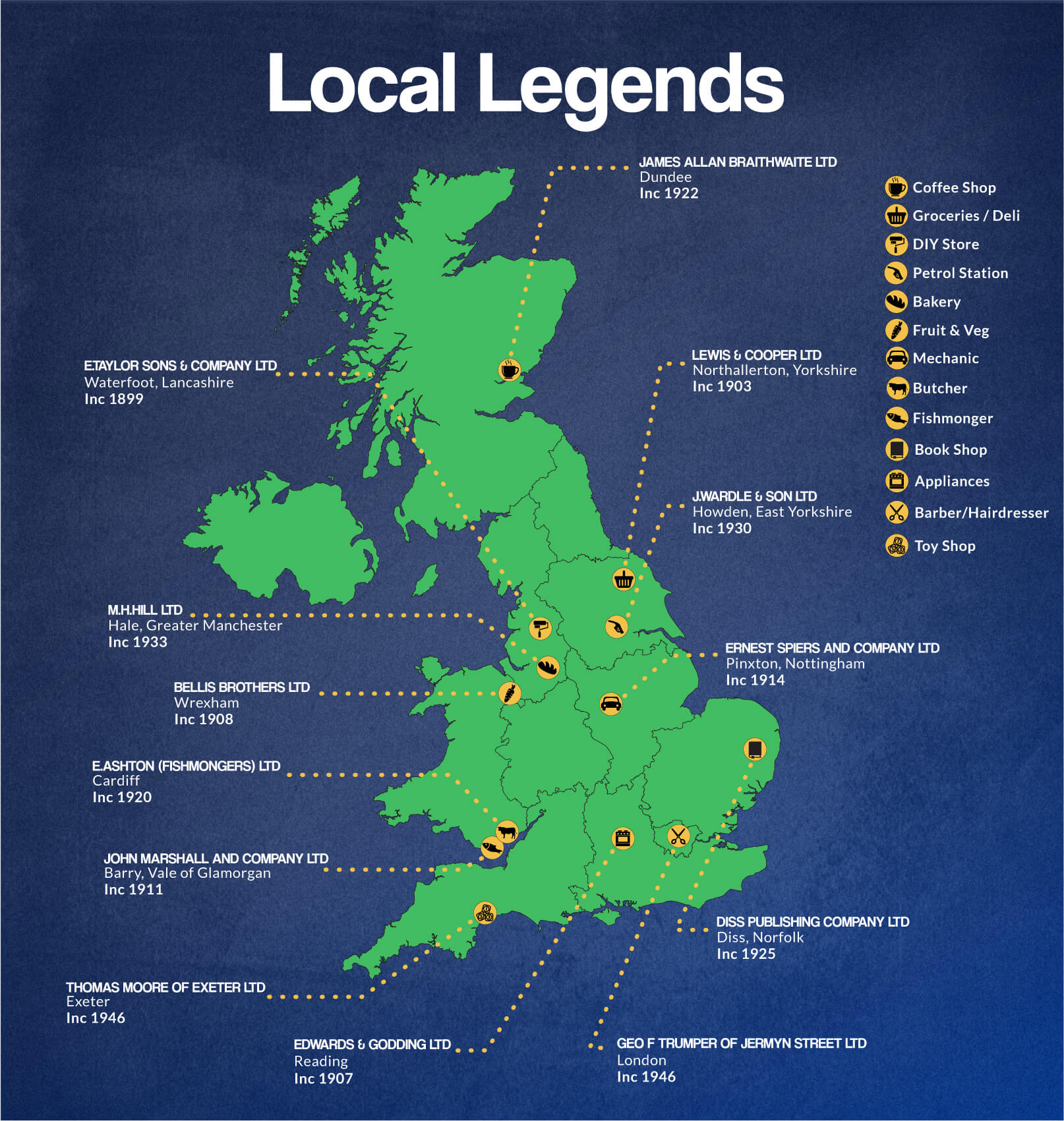 A map of the UK that highlights the oldest small businesses