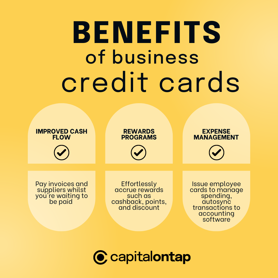 Yellow graphic showing the benefits of business credit cards. The benefits listed are improved cash flow, rewards programs and expense management