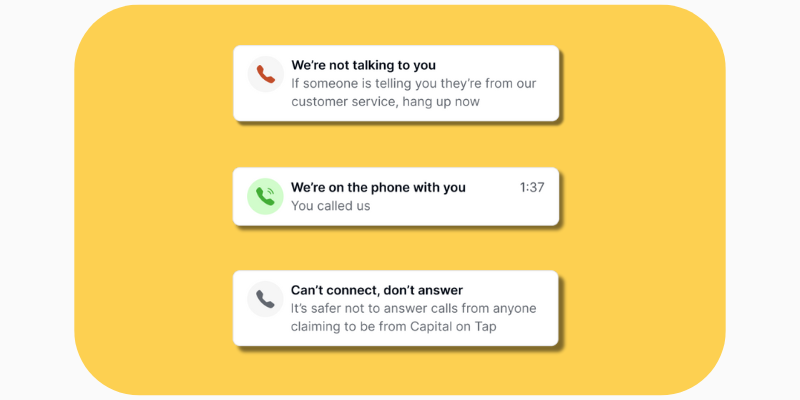 An image showing the three options of the call status feature notifications. 1) We're not tlking to you (hang up immediately); 2) We're on the phone with you (all good); 3) Can't connect, don't answer.