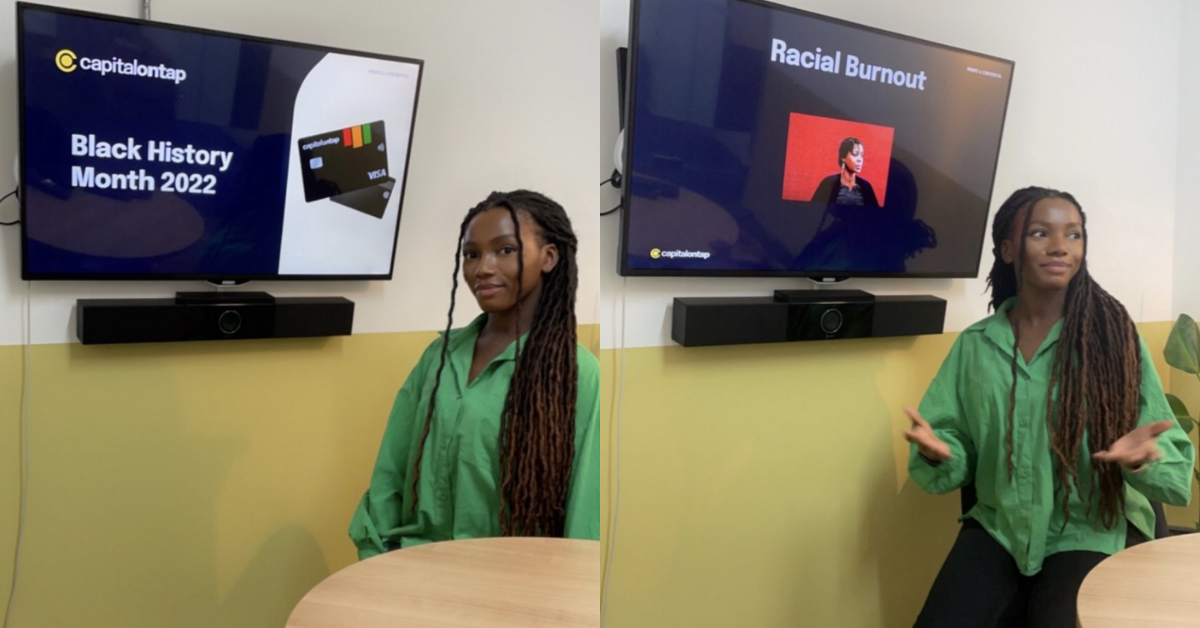 Liv giving a presentation during Black History Month 2022, and Liv showing a slide on racial burnout