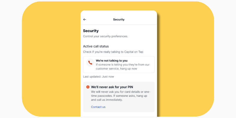 An image showing the UI of the security tab in the Capital on Tap app, showing the Call Status feature.