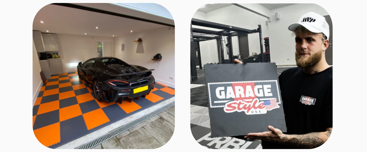 Left a black car in a renovated garage, Right Jake Paul holds a tile with Garage Style's logo on it