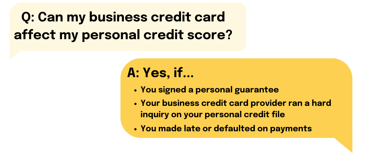 Q: Can my business credit card affect my personal credit score? A: Yes if you signed a personal guarantee; your business credit card provider ran a hard inquiry on your personal credit file; you made late or defaulted on payments