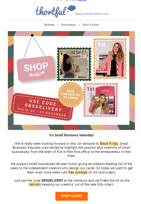 Advert showcasing small business saturday deal from Thortful