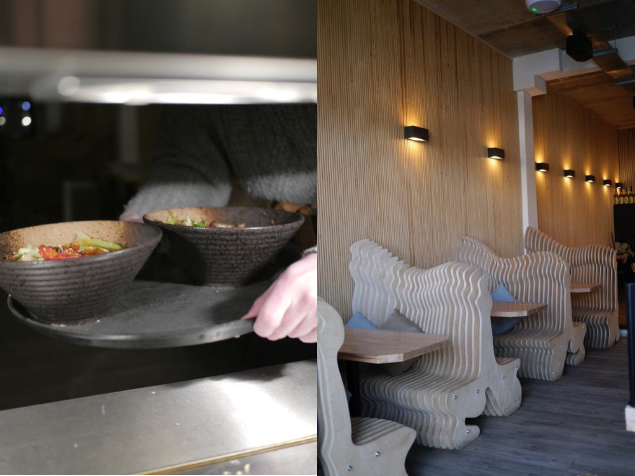A collage of two images. The left is two bowls of food being held under a hotplate. The bowls are black. The right image is 3 booths.. Each booth has a bench and table and 2 cushions on the bench.