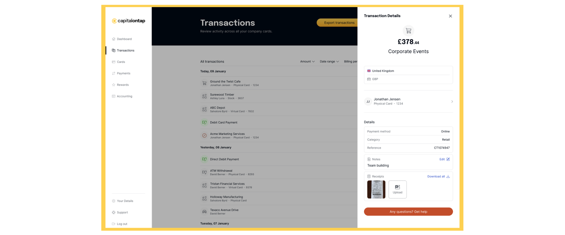 A screenshot showing how you can now upload images of receipts to transactions in the Capital on Tap online portal