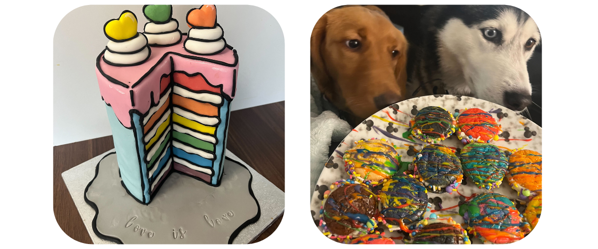 Left: Pop art cake Right: Rainbow macarons with two dogs looking at them