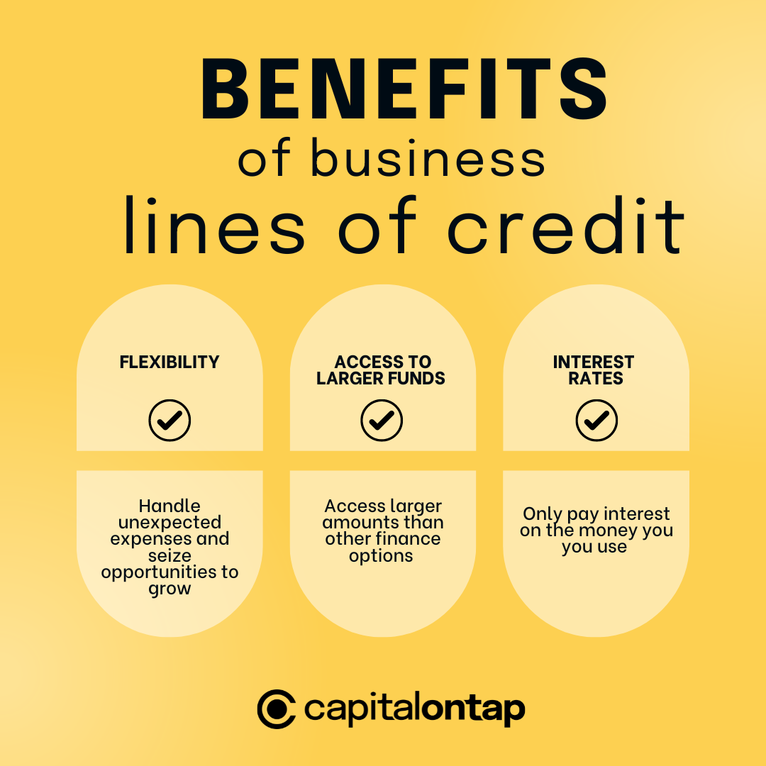 A yellow coloured graphic of business line of credit benefits. The benefits include flexibility, access to larger funds and interest rates.