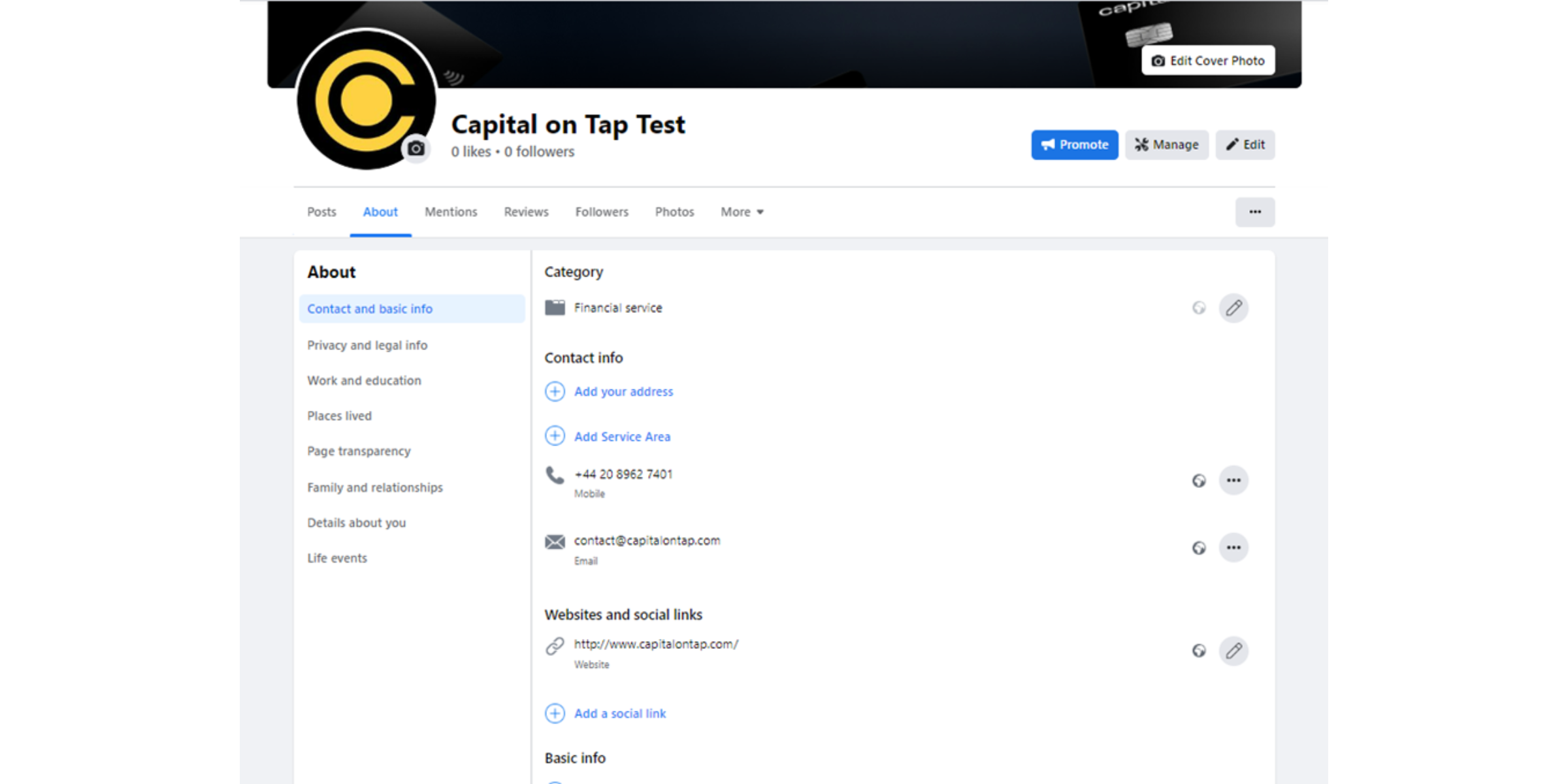 A screenshot of the Capital on Tap 'About' section on Facebook. It shows where to add contact info, and website links