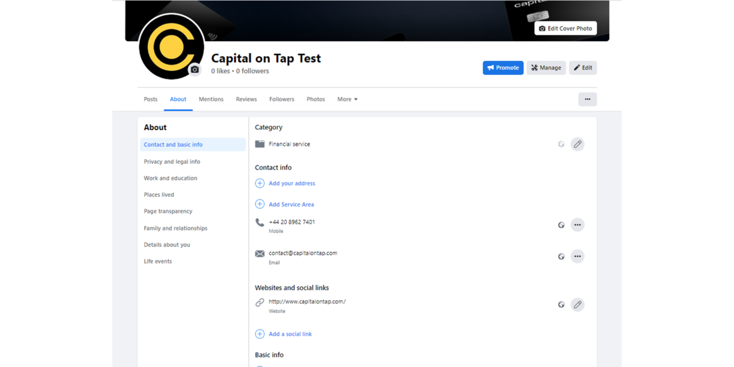 A screenshot of the Capital on Tap 'About' section on Facebook. It shows where to add contact info, and website links