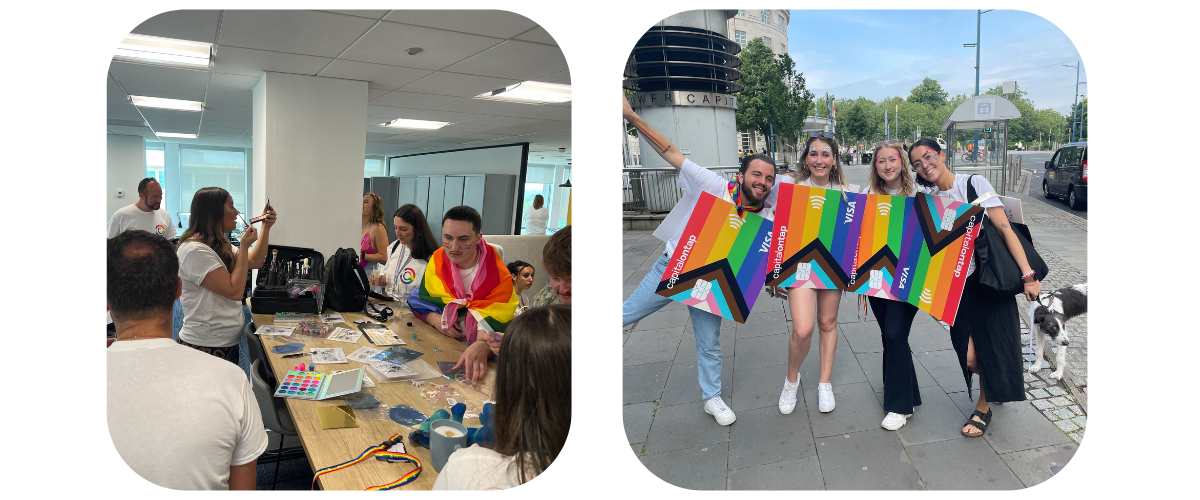 Left: A group of employees painting their face. Right: 4 people wearing rainbow credit cards