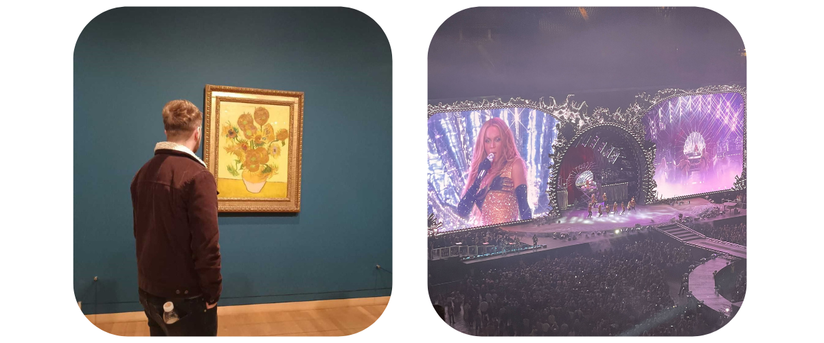 Left: Stephen at the Van Gogh Museum. Right: Beyonce on stage