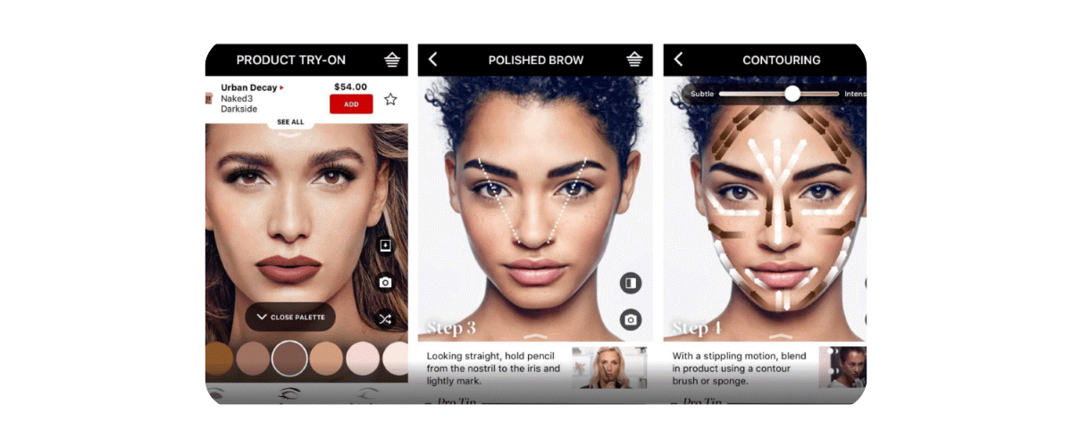 Sephora's AI tool. It shows 3 models' faces and how AI can be used to apply  makeup to an image of someone's face