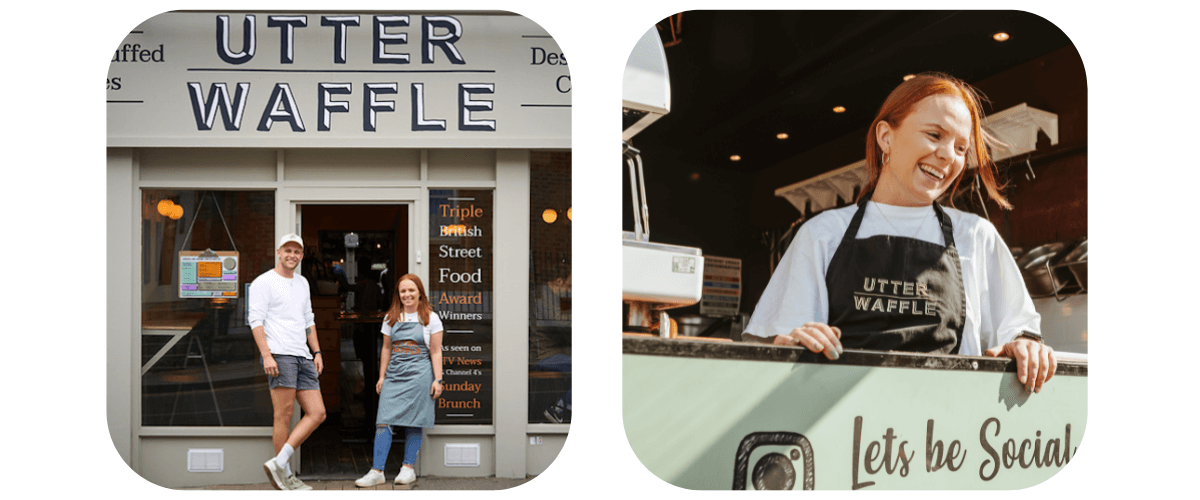 Utter waffle's shop front and one of their staff members in an apron serving